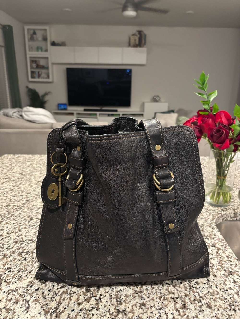 Vintage Fossil Black Leather Tote Bag